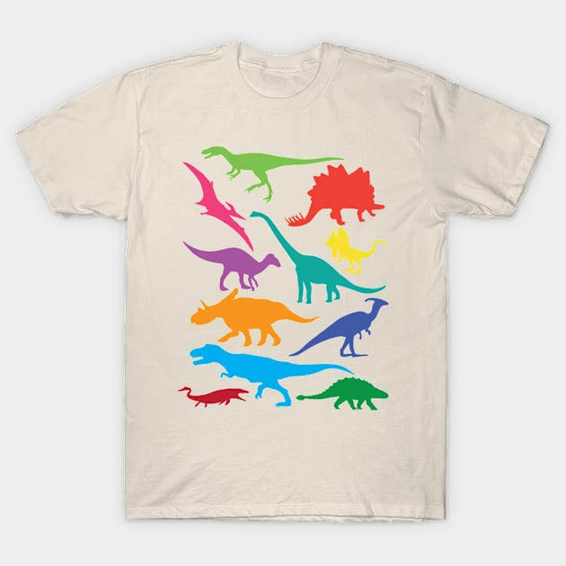 Favorite Dinos, Dinosaurs, Colorful, Jurassic, Trex, Triceratops, brontosaurus, pteradactyl, Stegosaurus, Velociraptor T-Shirt by penandinkdesign@hotmail.com